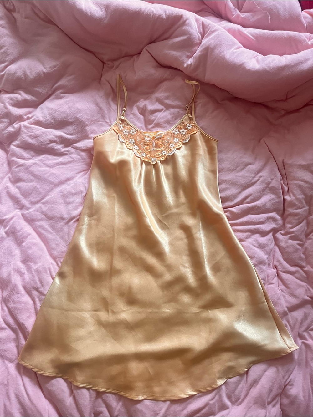 Vintage Satin Slip Chemise in Gold with Lace Yoke